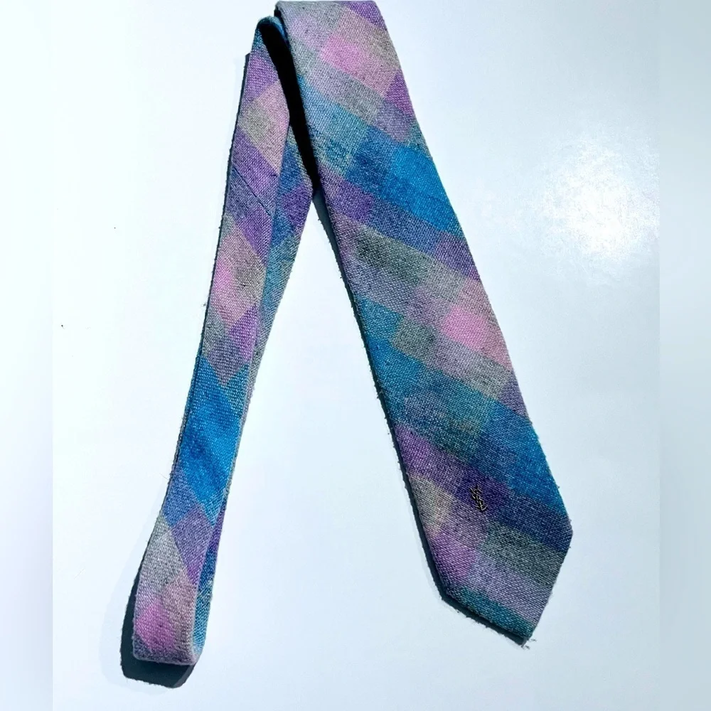 Vintage Yves Saint Laurent Tie Mens Plaid Wool Blend Heather Mist 90s Multicolor